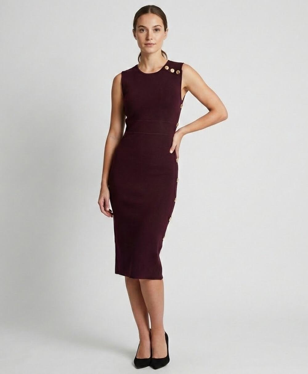 New York & Company NWT Buttoned Sleeveless Knit Midi Dress in Maroon Size Small